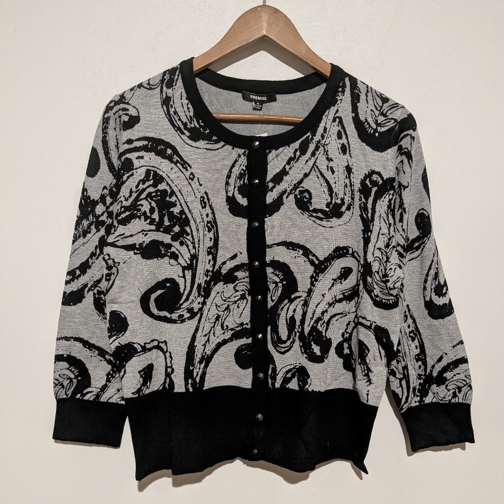 Nwt Premise Black and Gray Paisley Cardigan Button Front
